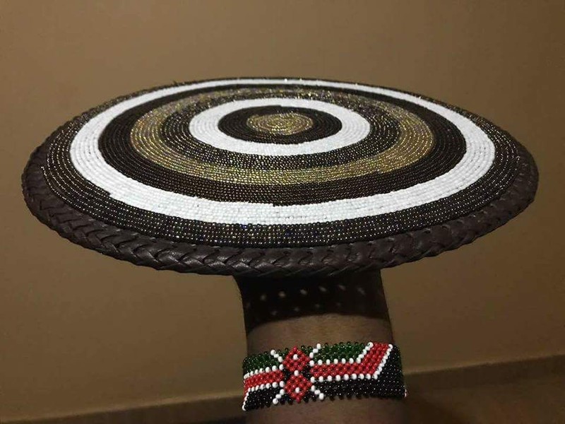 Beaded table mat; Leather covered table mat; African table mat