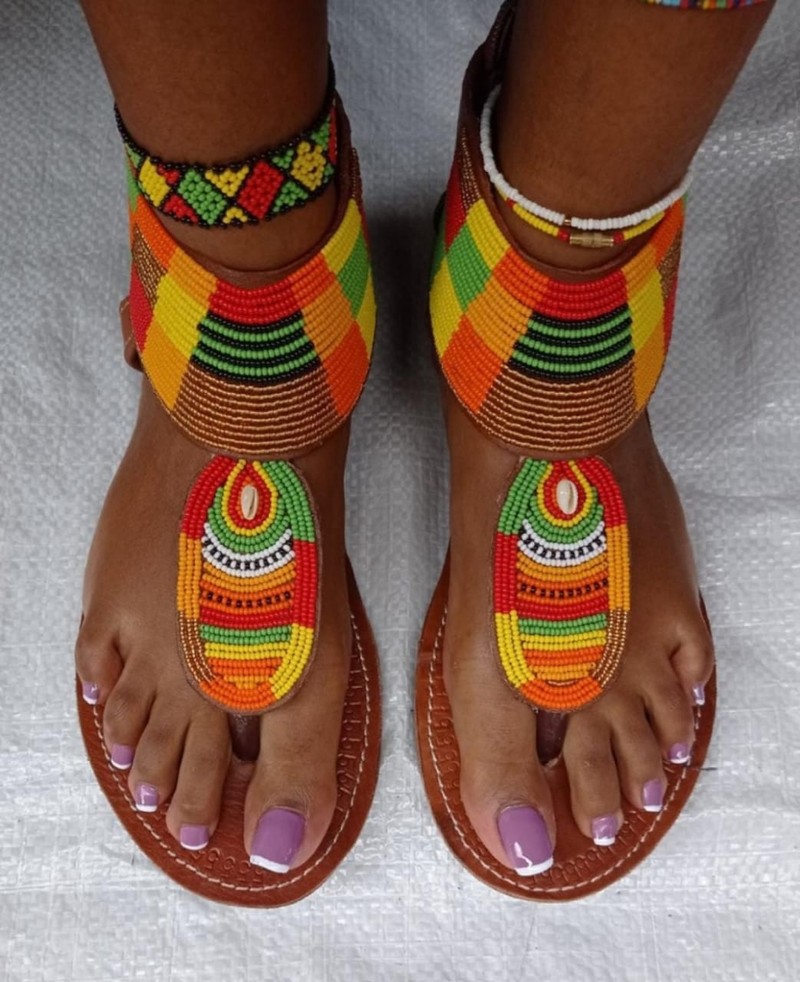 Genuine leather sandals decorated with high quality beads; beaded leather sandal