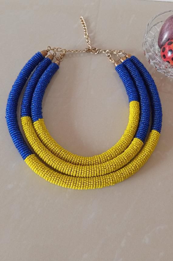 Blue and yellow 3 in 1 beaded necklace; Zulu necklace