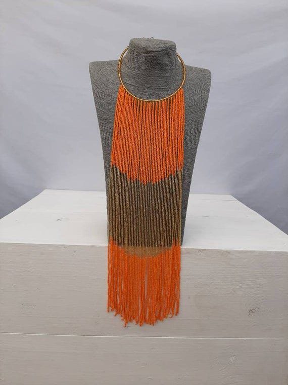African beaded waterfall necklace; Maasai orange necklace
