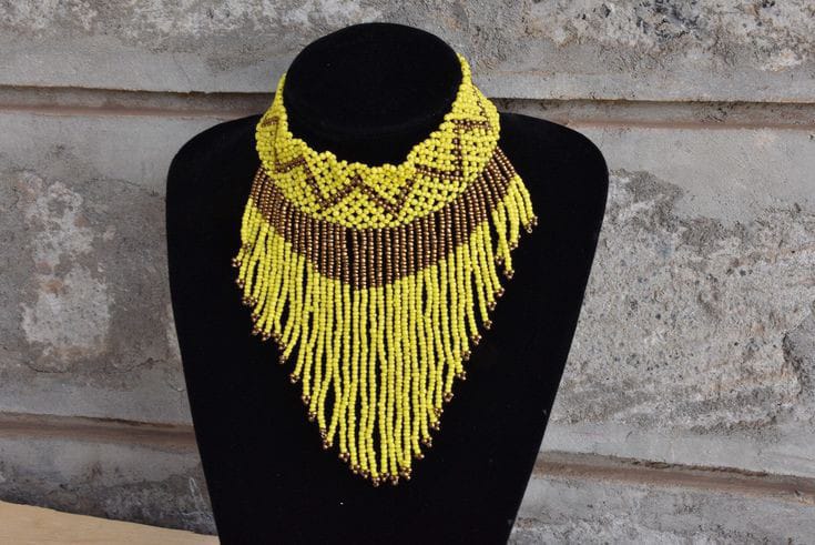 Yellow beaded African necklace; Maasai necklace; Zulu necklace