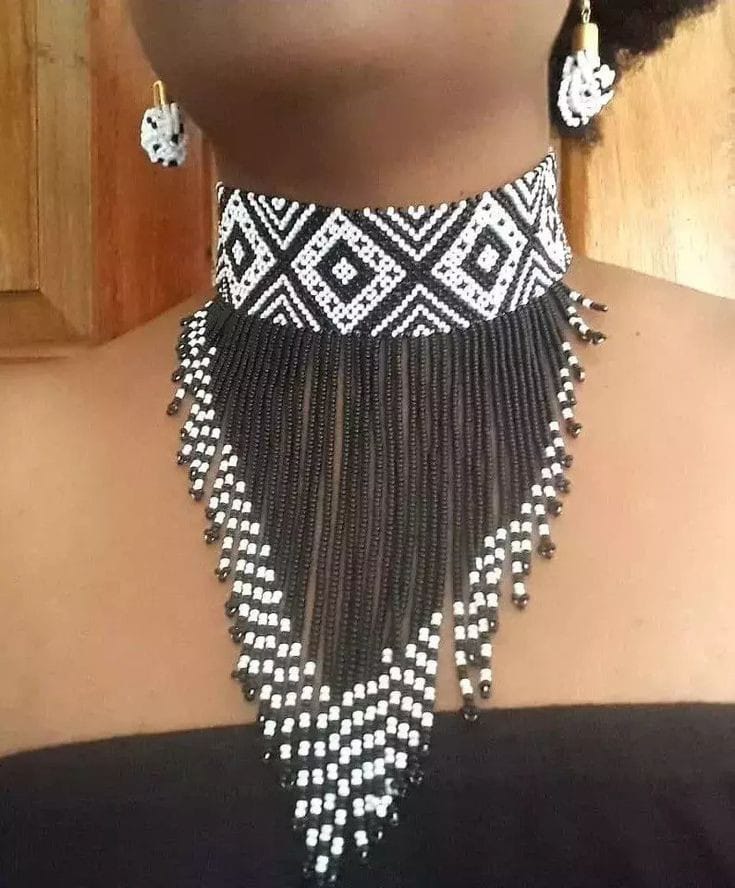 Black and white choker beaded necklace with matching earrings