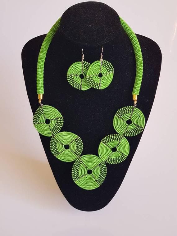Beaded necklace; African Maasai necklace with matching earrings