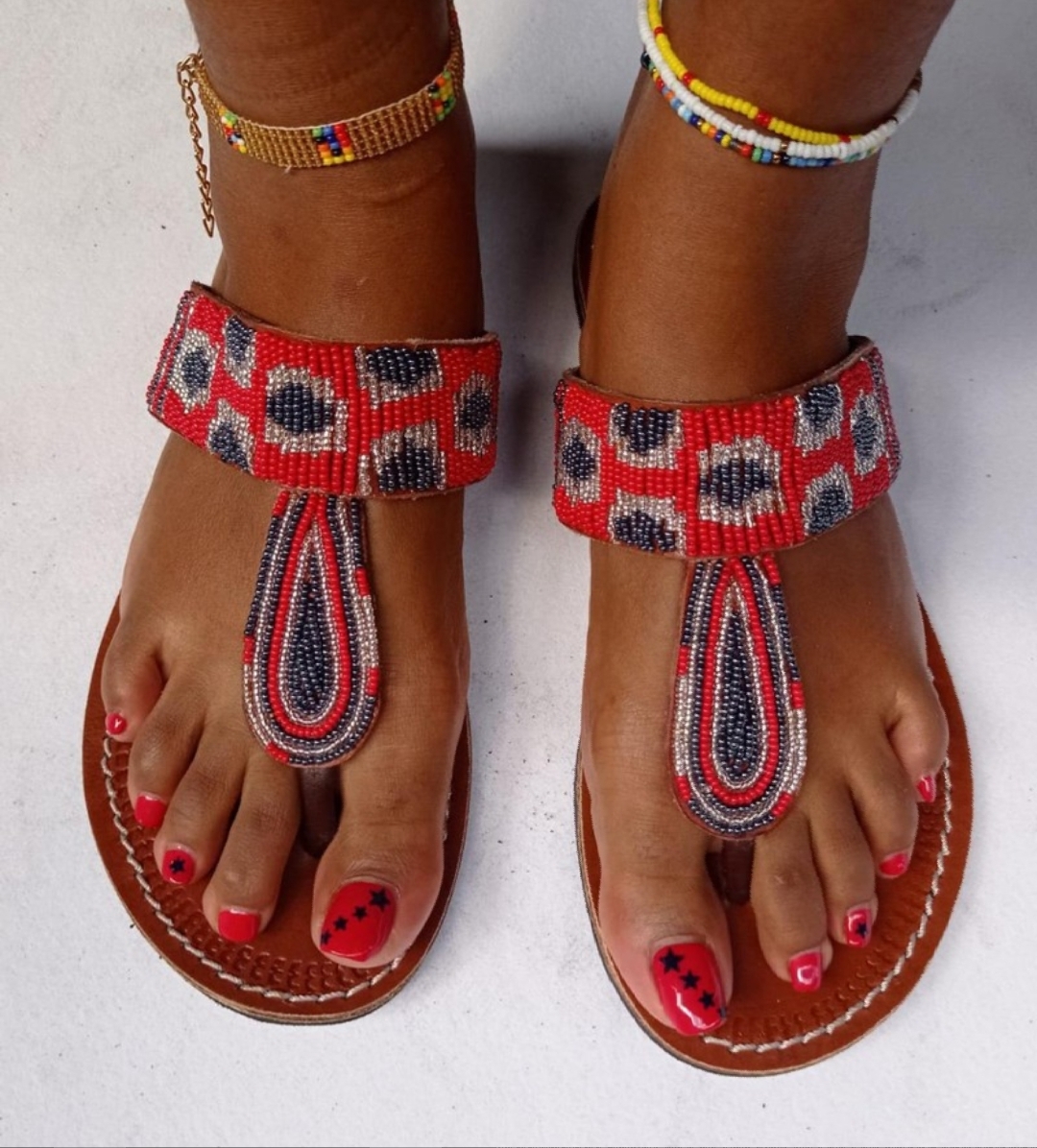 Leather sandals with beaded decorations; Beaded sandals; African sandals