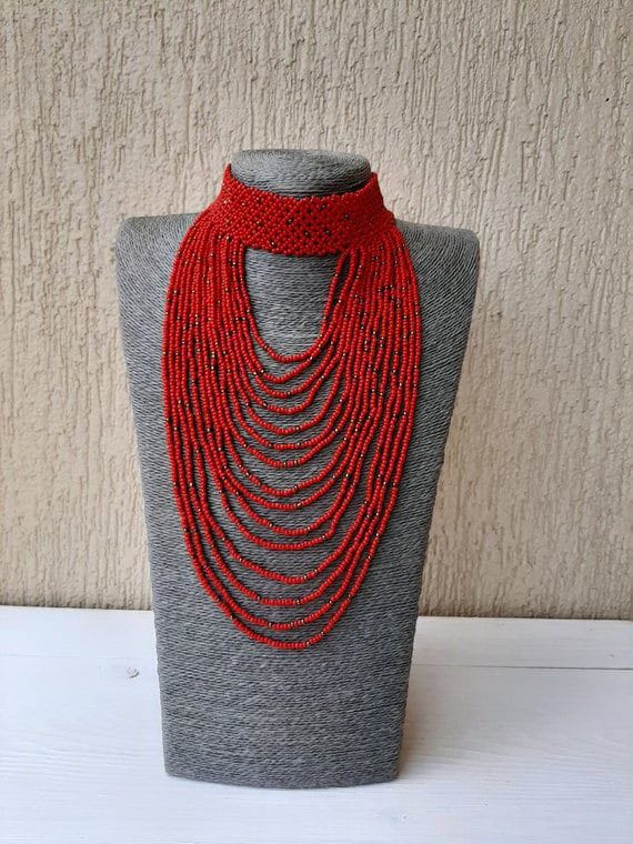 Red choker beaded necklace; Savannah
