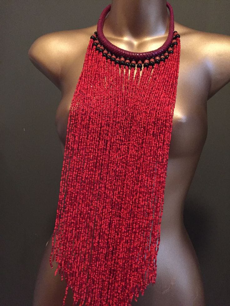 Red Maasai beaded waterfall necklace