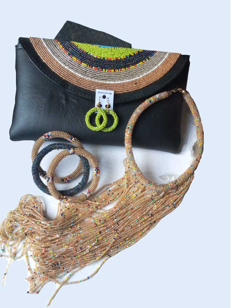 Leather clutch purse decorated with colorful beads with matching necklace, bracelets and earrings