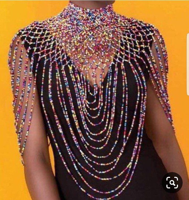Multicolor beaded shoulder top necklace.