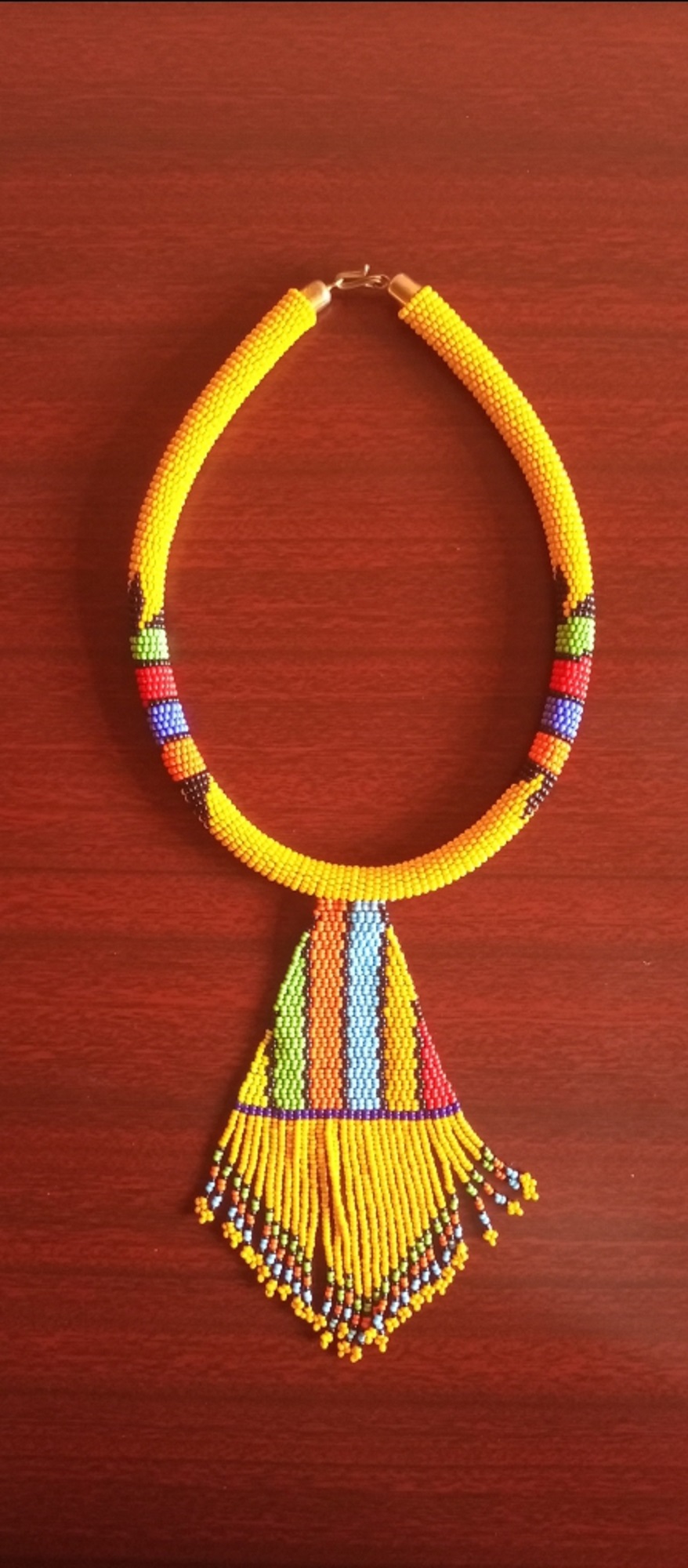 Yellow African beaded pendant necklace