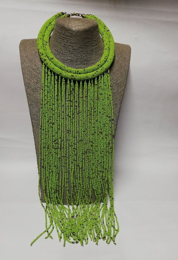 Green beaded Maasai waterfall necklace