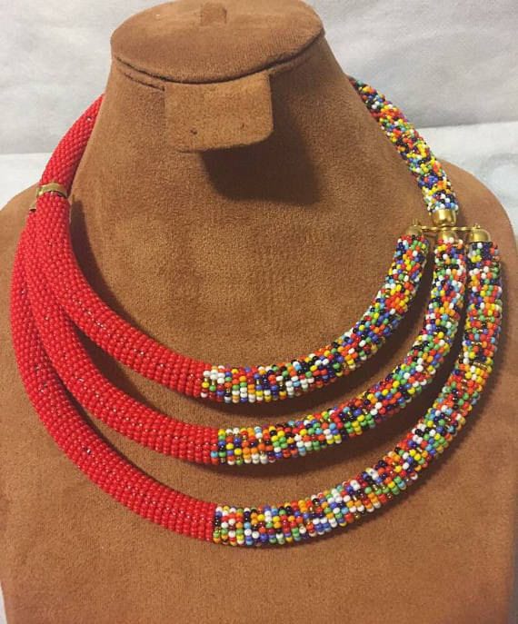 yellow 3 in 1 beaded necklace; Zulu necklace