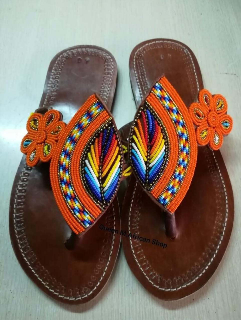 Leather sandals with beaded decorations; Beaded sandals; African sandals