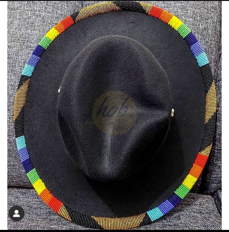 Black Fedora hat decorated with colorful beads