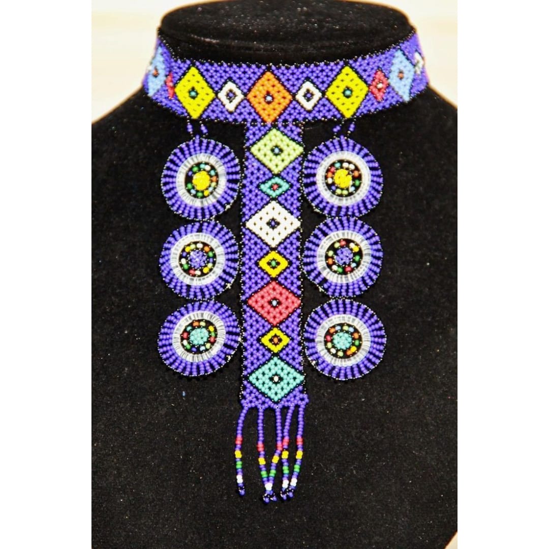 Multicolor ancient pattern necklace; mid-long necklace