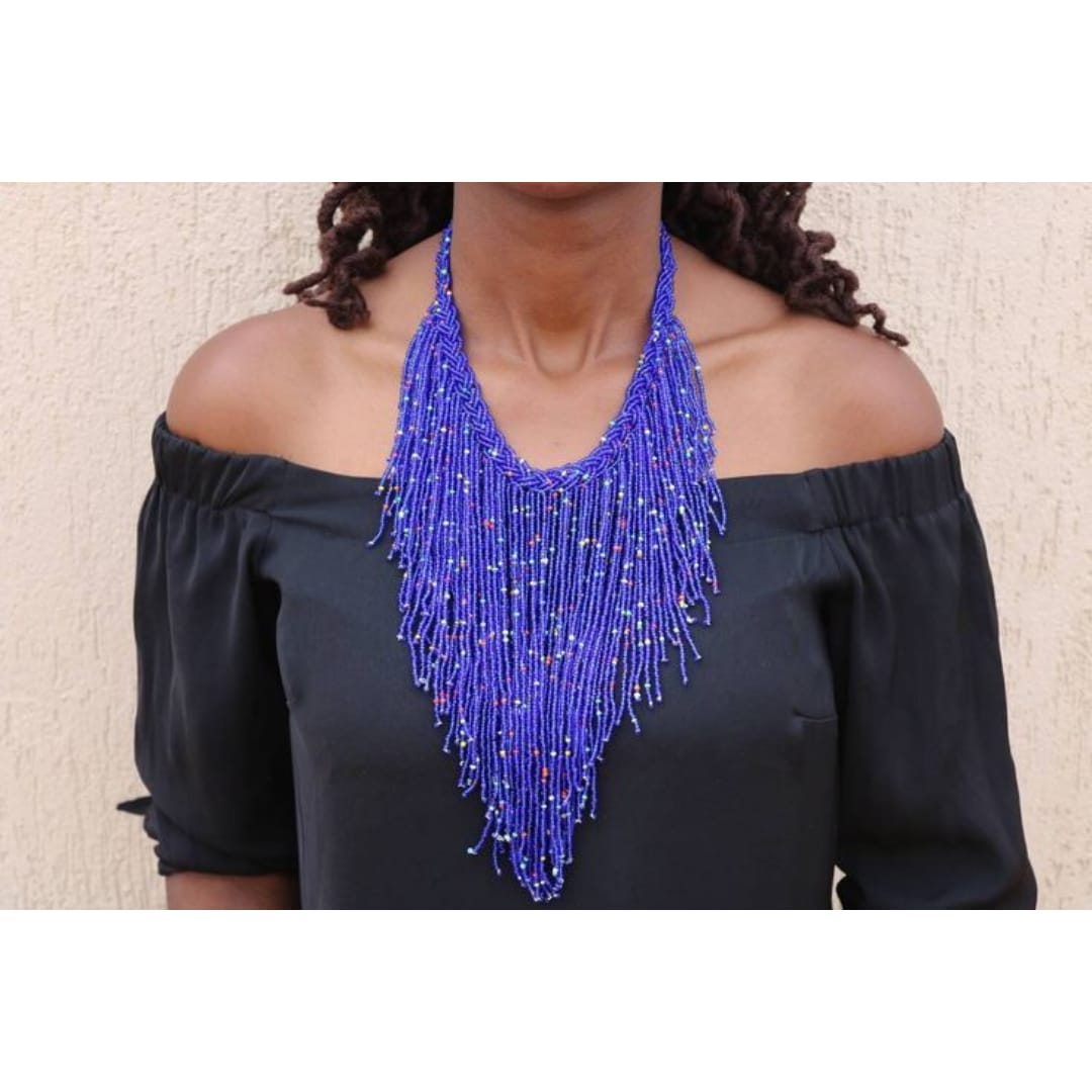 Blue beaded Maasai waterfall necklace