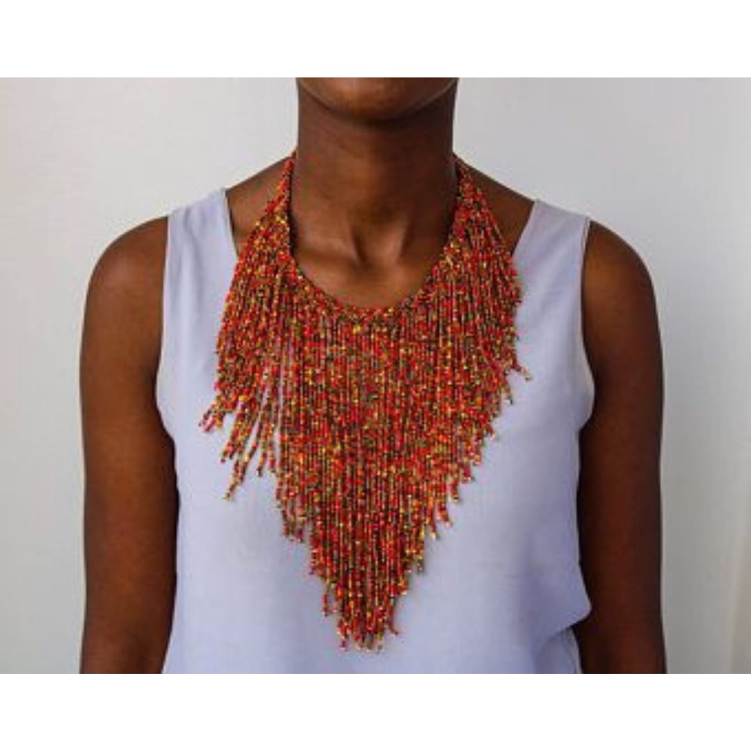 Flame red beaded Maasai waterfall necklace
