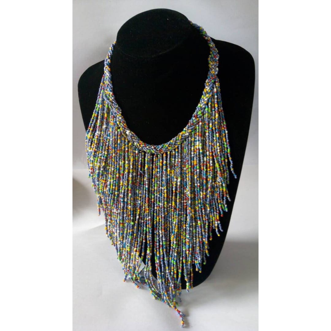 Multicolored beaded Maasai waterfall necklace