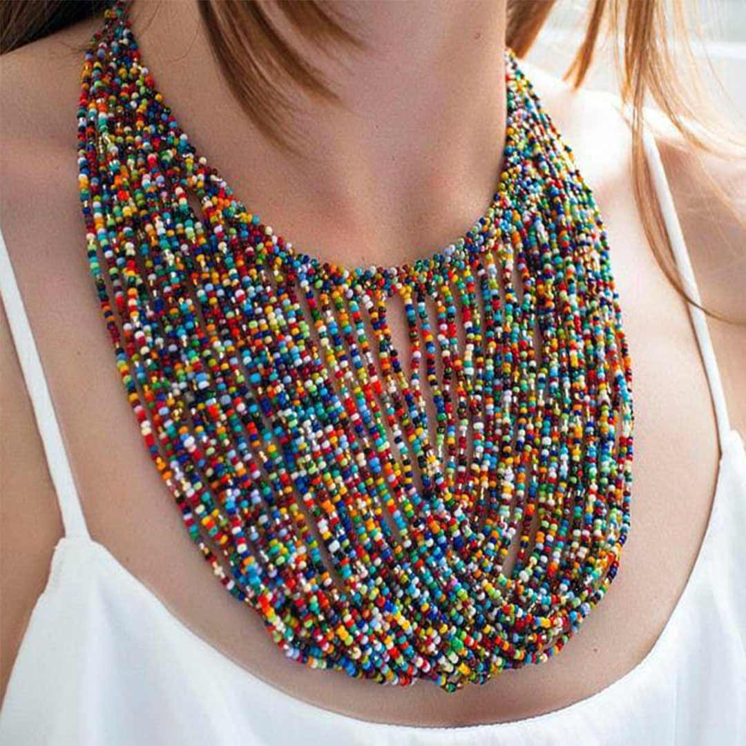 Technicolor beaded necklace; mid-long necklace