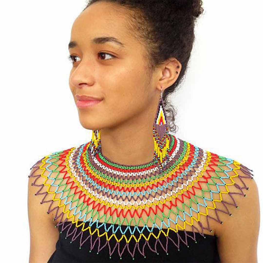 Colorful mid-long wide necklace covering shoulders and back