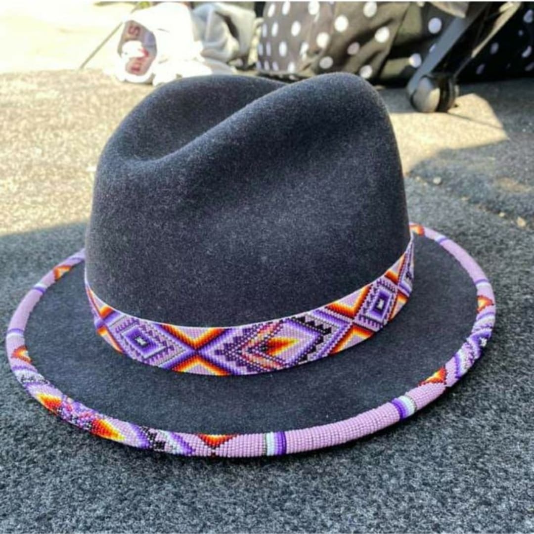 Beige Fedora hat decorated with colorful beads