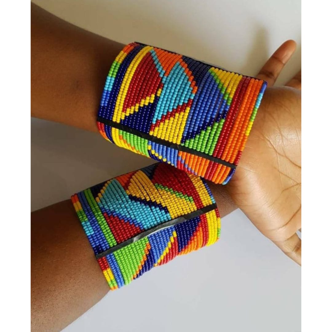 2 rainbow Beaded Maasai bracelets with snap closure