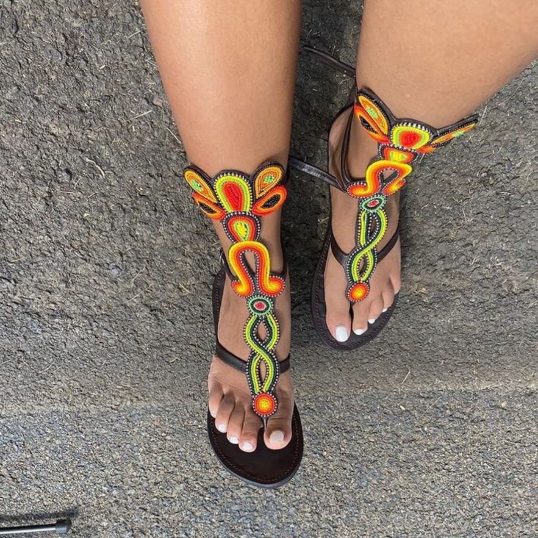 Leather gladiator sandals with beaded decorations; Beaded sandals; African sandals