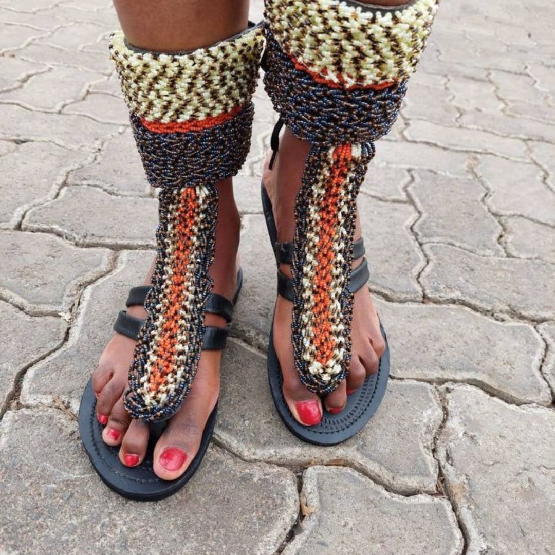 Vibrant Beaded African Leather Sandals
